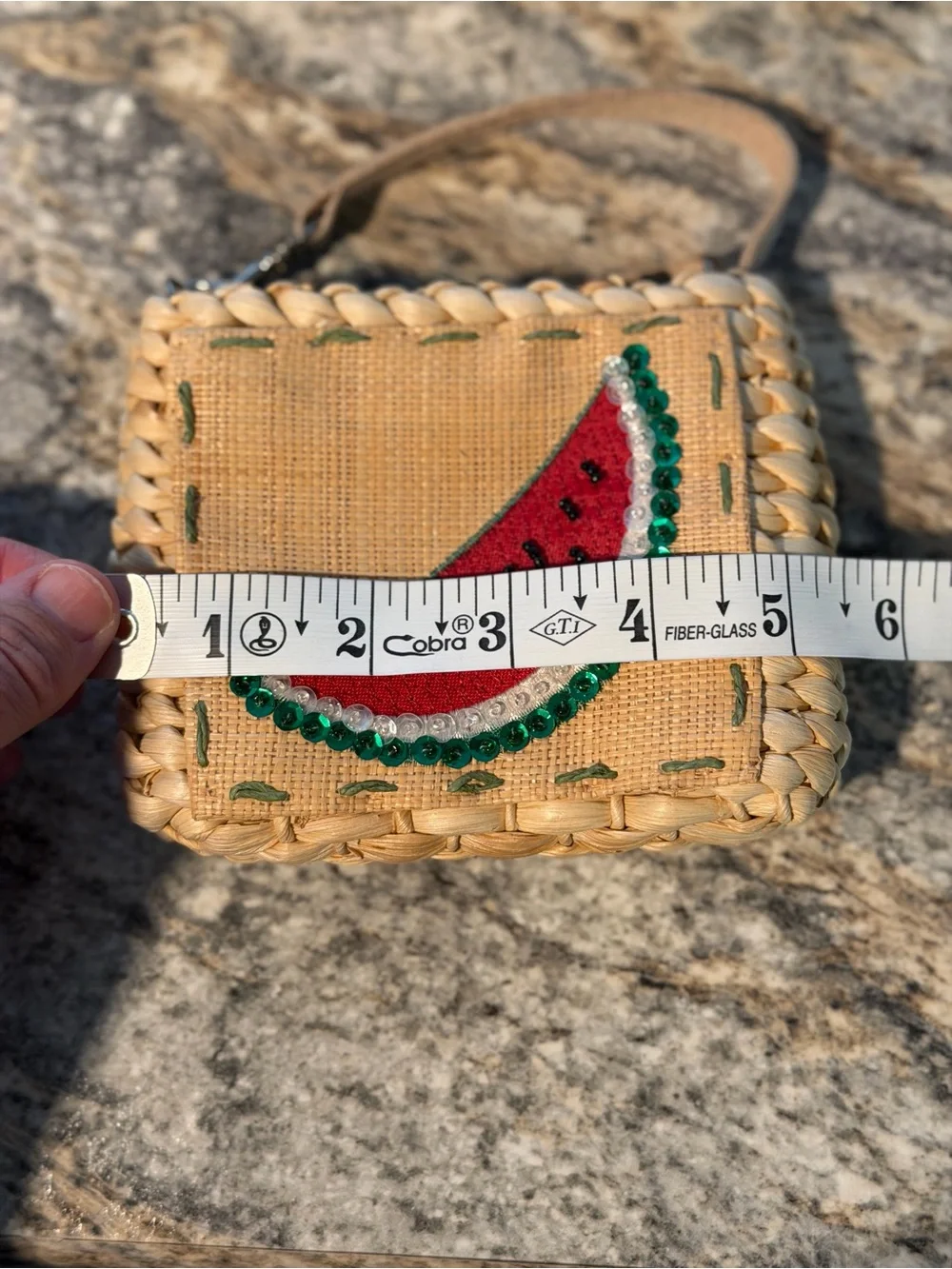 Straw Wristlet with beaded and sequin Watermelon Embroidery - Natural